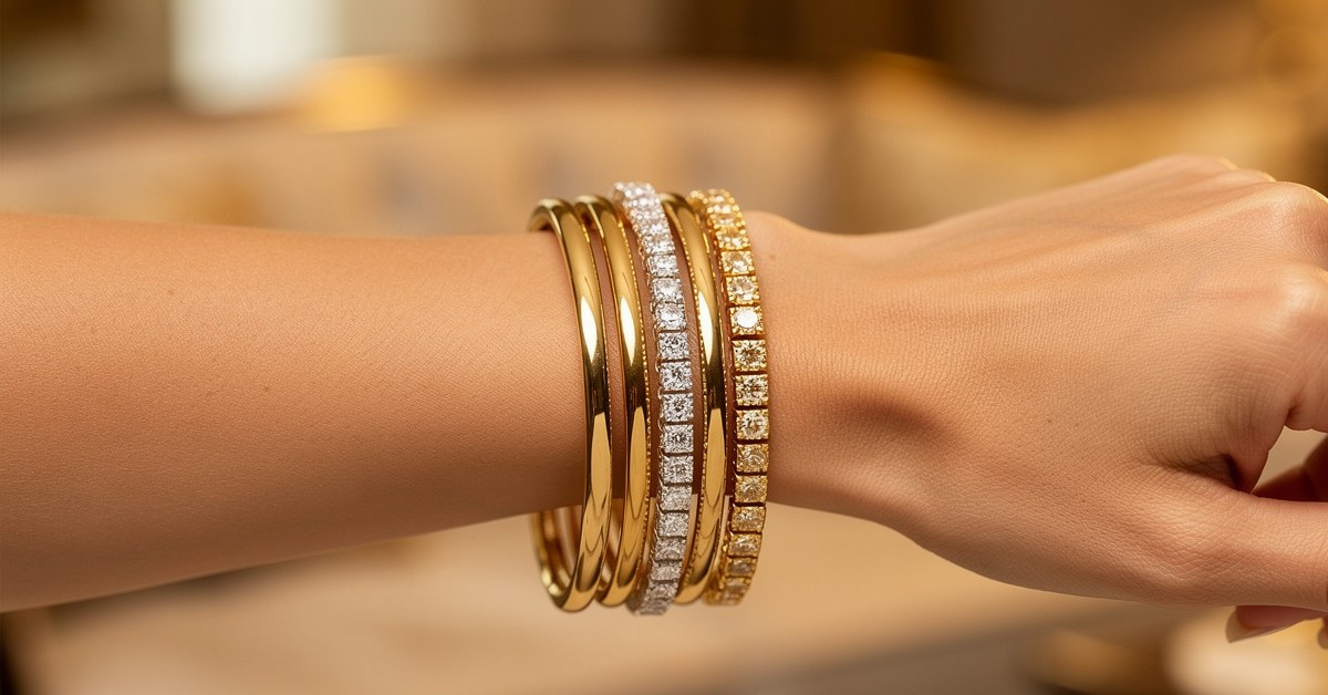 A person's arm wearing three gold bangles, a silver diamond tennis bracelet, and a gold diamond tennis bracelet.